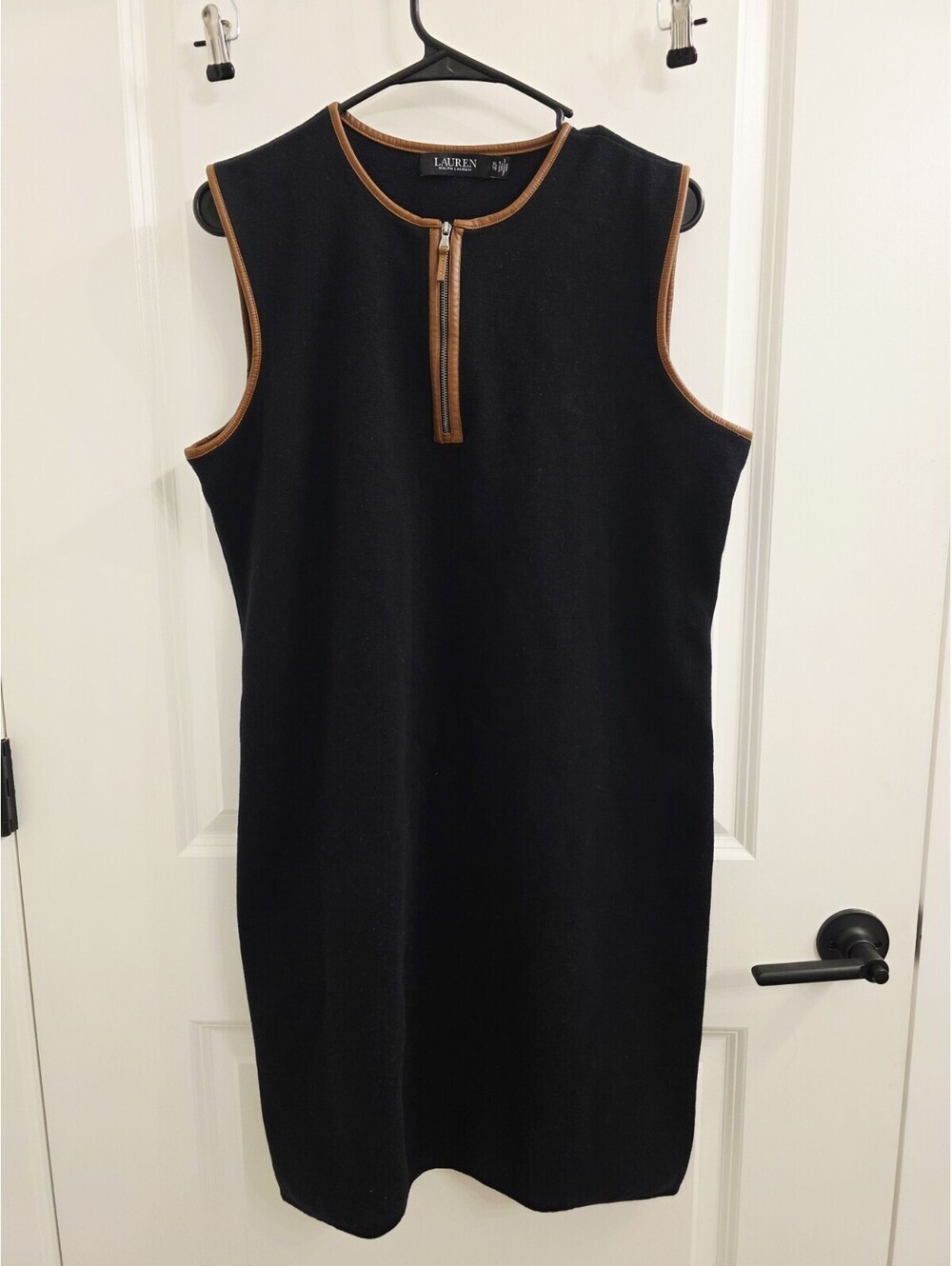 Lauren by Ralph Lauren Women's Black Knit Dress With Faux Leather Trim Size XL